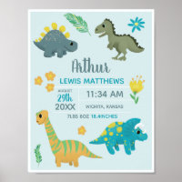 Boys Cute Blue Dinosaur Birth Stats Baby Nursery