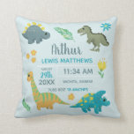 Boys Cute Blue Dinosaur Birth Stats Baby Nursery T Cushion<br><div class="desc">This cute and modern blue birth stats baby nursery throw pillow features whimsical dinosaur cartoons, with a t-rex, stegosaurus and Jurassic jungle plants, and can be personalised with your baby boy's full name, date of birth, place of birth, birth weight, and birth height. The pillow has a matching dinosaur pattern...</div>