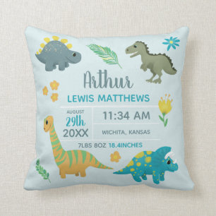 Boys Cute Blue Dinosaur Birth Stats Baby Nursery T Cushion