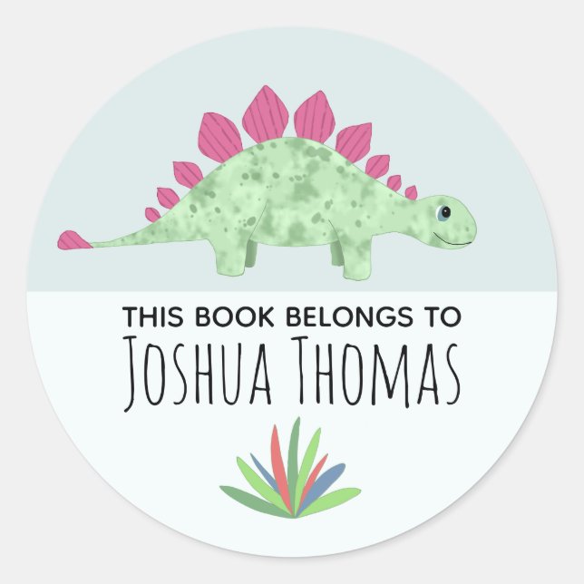 Boys Cute Blue Dinosaur Cartoon Kids Bookplate Classic Round Sticker (Front)