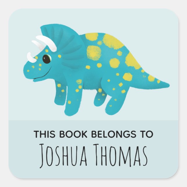 Boys Cute Blue Dinosaur Cartoon Kids Bookplate Square Sticker (Front)