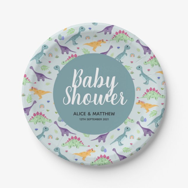 Boys Cute Blue Dinosaur Pattern Baby Shower Paper Plate (Front)