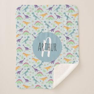 Boys Cute Blue Dinosaur Pattern Monogrammed Kids Sherpa Blanket