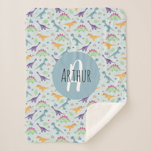 Boys Cute Blue Dinosaur Pattern Monogrammed Kids Sherpa Blanket (Front)