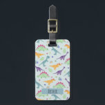 Boys Cute Blue Dinosaur Pattern Name Kids Luggage Tag<br><div class="desc">This cute and trendy kids luggage tag features a dinosaur cartoon pattern, with a t-rex, stegosaurus, rainbows and jurassic jungle plants, and can be personalised with your boys name and contact details. The perfect blue jurassic dinosaur themed gift for your baby, toddler or child's first trip. Check out our collection...</div>