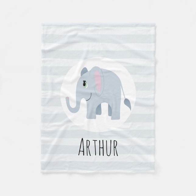 Boys Cute Blue Elephant & Name Kids Personalised Fleece Blanket (Front)