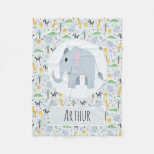 Boys Cute Blue Elephant & Safari Pattern Name Kids Fleece Blanket