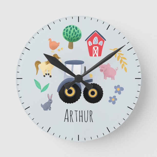 Boys Cute Blue Farm Animal Tractor Kids Nursery  Round Clock (Front)