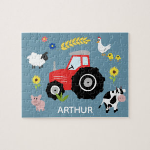 Boys Cute Blue Farm Tractor and Name Kids Jigsaw Puzzle