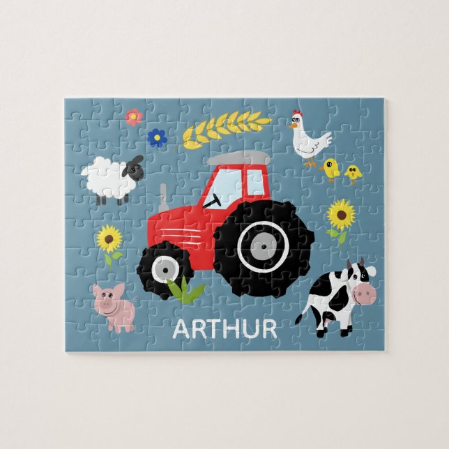 Boys Cute Blue Farm Tractor and Name Kids Jigsaw Puzzle (Horizontal)