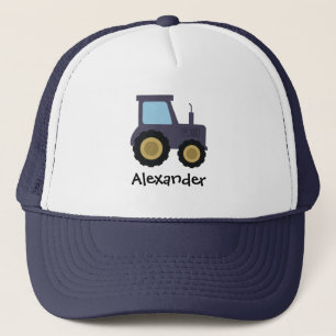 Boys Cute Blue Farm Tractor and Name Kids Trucker Hat