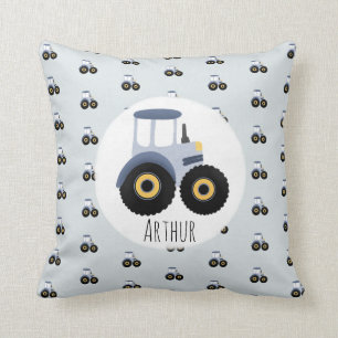 Boy's Cute Blue Farm Tractor Pattern & Name Kids Cushion