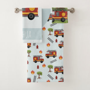 Boys Cute Blue Fireman Truck Pattern Kids Bath Towel Set