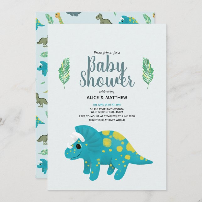 Boys Cute Blue Jungle T-Rex Dinosaur Baby Shower Invitation (Front/Back)