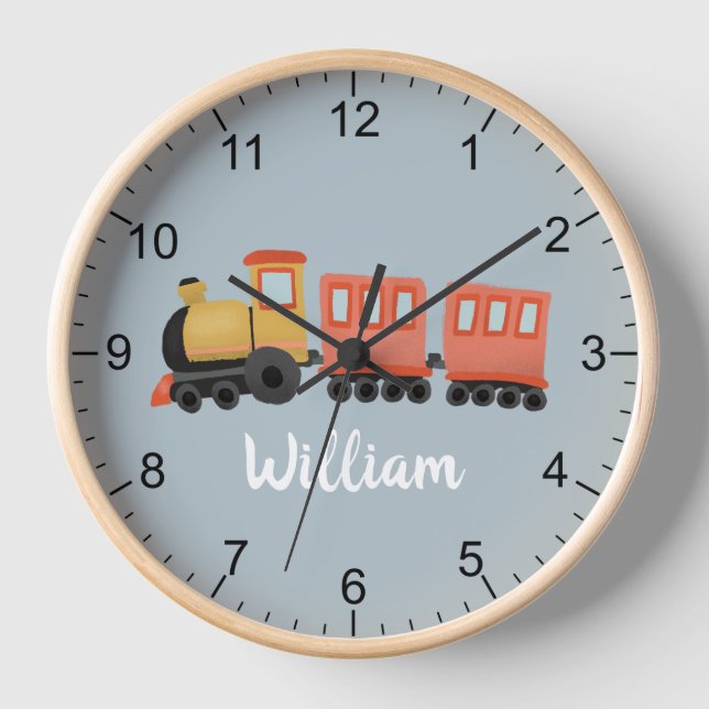 Boys Cute Blue Modern Train Travel Baby Nursery Clock (Front)