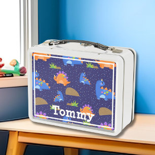 Boys Cute Blue Orange Star Dinosaur  Metal Lunch Box