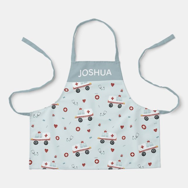 Boys Cute Blue Paramedic Ambulance Pattern Kids Apron (Front)