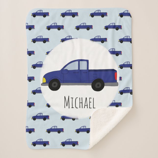 Boys Cute Blue Pickup Truck Cartoon Kids Sherpa Blanket (Front)