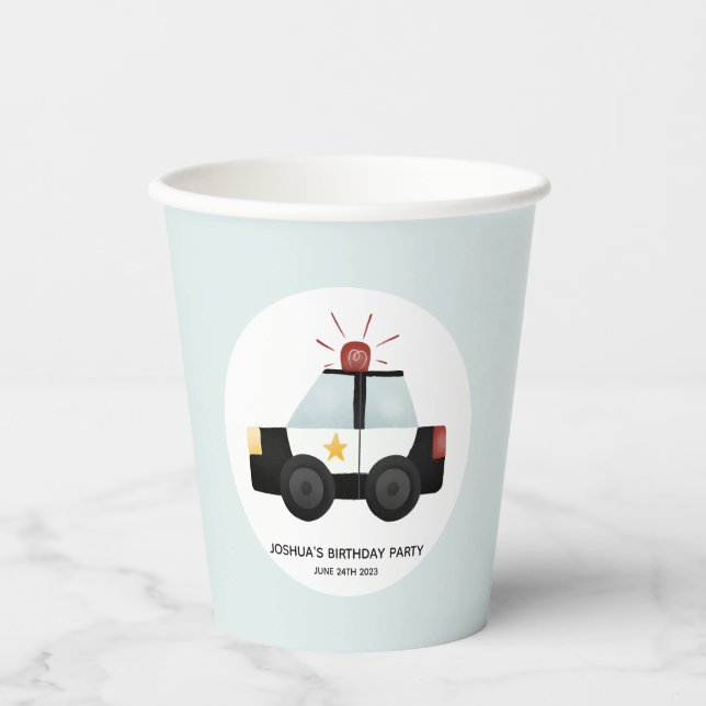 Boys Cute Blue Police Car Birthday Paper Cups (Front)