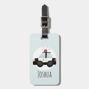Boys Cute Blue Police Car Cartoon and Name Kids Luggage Tag