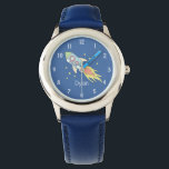 Boys Cute Blue Rocket Ship Space and Name Kids Watch<br><div class="desc">This cute kids watch features a beautiful and colourful hand drawn rocket ship in outer space. This unique blue design also features a place for you to add your boys name. With easy to read numbers,  this design is perfect for your toddler or child's first watch!</div>