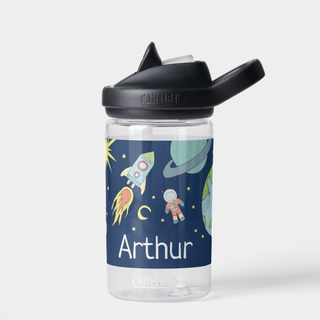 Boys Cute Blue Rocket Ship Space Kids School Water Bottle (Left)