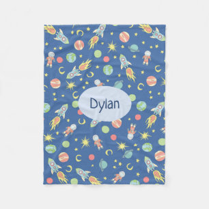 Boys Cute Blue Rocket Ship Space Pattern and Name Fleece Blanket