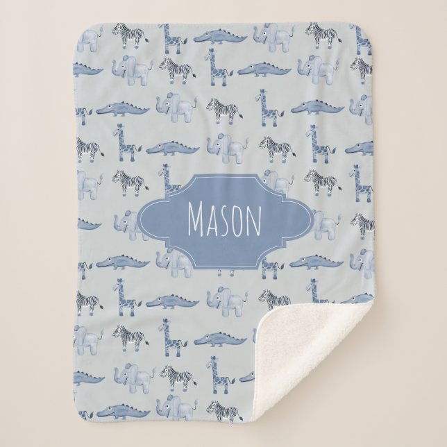 Boys Cute Blue Safari Animals Pattern Kids Sherpa Blanket (Front)