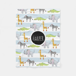 Boys Cute Blue Safari Animals with Name Kids Fleece Blanket