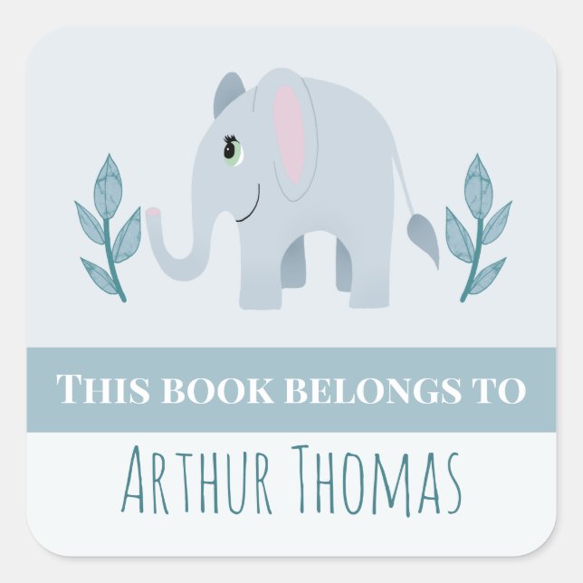 Boys Cute Blue Safari Elephant Kids Bookplate Square Sticker (Front)
