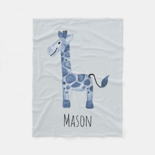 Boy's Cute Blue Safari Giraffe and Name Fleece Blanket