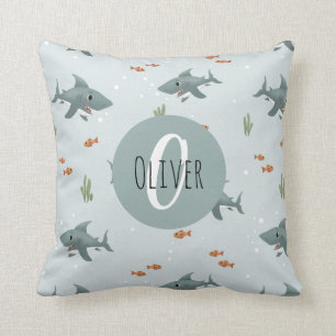 Boys Cute Blue Shark Pattern Monogram Kids Cushion