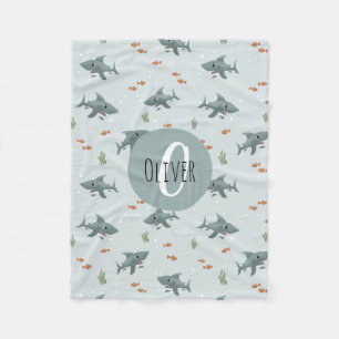 Boys Cute Blue Shark Pattern Monogram Kids Fleece Blanket
