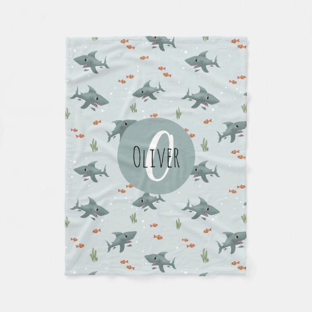 Boys Cute Blue Shark Pattern Monogram Kids Fleece Blanket (Front)