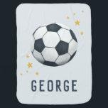 Boys Cute Blue Soccer Sports Baby Blanket<br><div class="desc">This cute baby blue blanket features a sports design,  with a soccer ball (UK football),  and stars. The blanket can be personalised with your boys name in a cool and sporty typography. The perfect gift for any sport lover,  a lovely baby shower gift.</div>