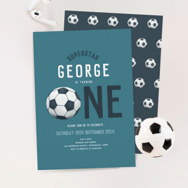 Boys Cute Blue Soccer Sports Kids 1st Birthday Invitation (Creator Uploaded)
