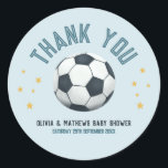 Boys Cute Blue Soccer Thank You Baby Shower Classic Round Sticker<br><div class="desc">This cute and modern sports-themed boy's baby shower thank you sticker design features a blue sports cartoon design, with a soccer ball and stars. The sticker can be personalised with your boy's name and the date of your baby shower. The perfect football sports-themed addition to your child's birthday party, great...</div>