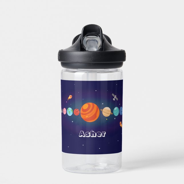 Boys Cute Blue Space Planet Universe Kids School Water Bottle (Front)