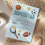 Boys Cute Blue Sports Superstar Baby Shower Invitation<br><div class="desc">This cute and modern “a little superstar is on the way” boys baby shower invitation design features a blue sports cartoon design, with a basketball, football, soccer ball, tennis racket, trophy, and stars. The invite can be personalised with the parent's names and other details necessary for your party. The perfect...</div>