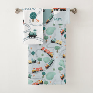 Boys Cute Blue Train Pattern Kids Bath Towel Set