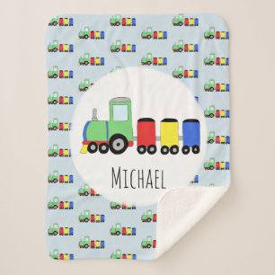 Boys Cute Blue Train Pattern with Name Kids Sherpa Blanket