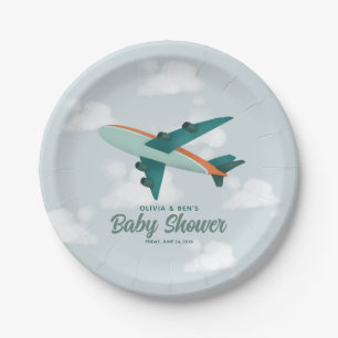Boys Cute Blue Transport Aeroplane Baby Shower Paper Plate