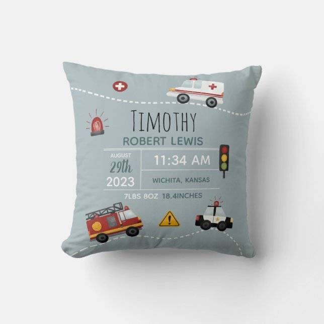 Boys Cute Blue Transport Birth Stats & Name Cushion (Front)