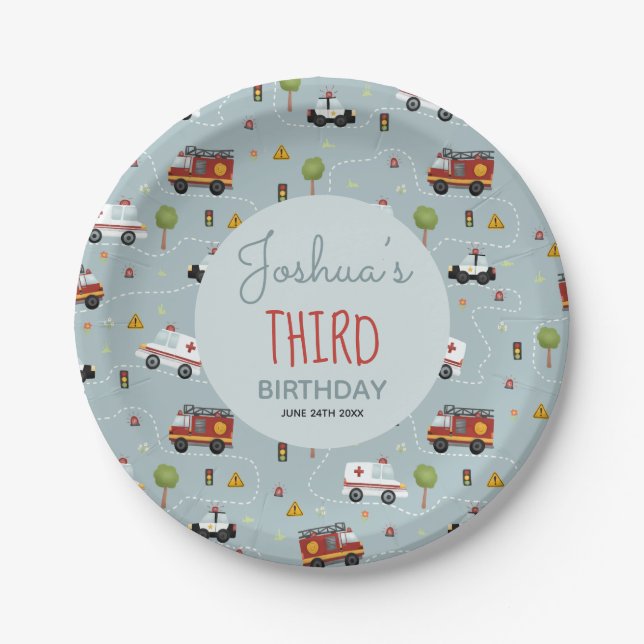 Boys Cute Blue Transport Pattern Birthday Kids Paper Plate (Front)