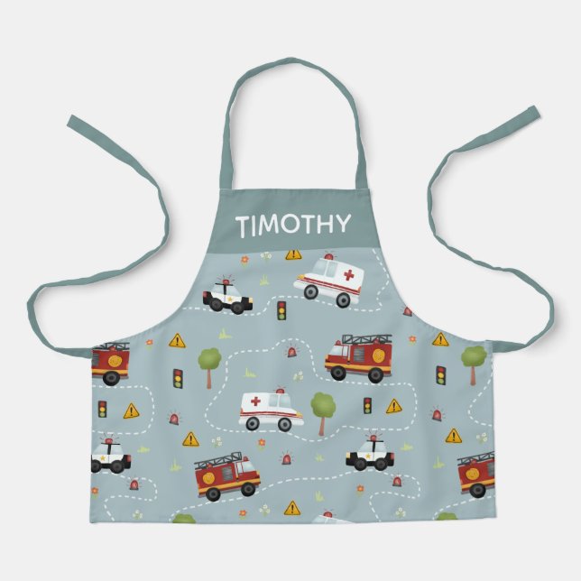 Boys Cute Blue Transport Pattern Kids Apron (Front)