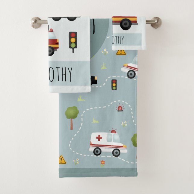 Boys Cute Blue Transport Pattern Kids Bath Towel Set (Insitu)