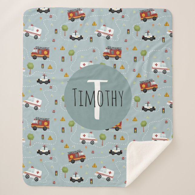 Boys Cute Blue Transport Pattern Kids Sherpa Blanket (Front)