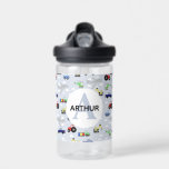 Boys Cute Blue Transport Train Car Kids School Water Bottle<br><div class="desc">This cute blue custom kids water bottle design features a blue cartoon transport pattern, with cars, pickup trucks, trains, aeroplanes, diggers, tractors, and helicopters. There is also space for you to add your boys name and monogram in a beautiful font. The perfect transport-themed addition to your child's back-to-school or kindergarten...</div>