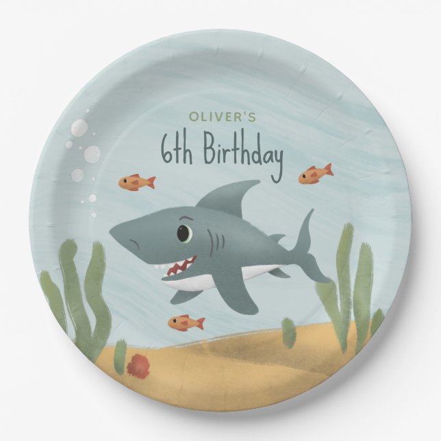  Boys Cute Blue Under the Sea Shark Kids Birthday Paper Plate (Front)