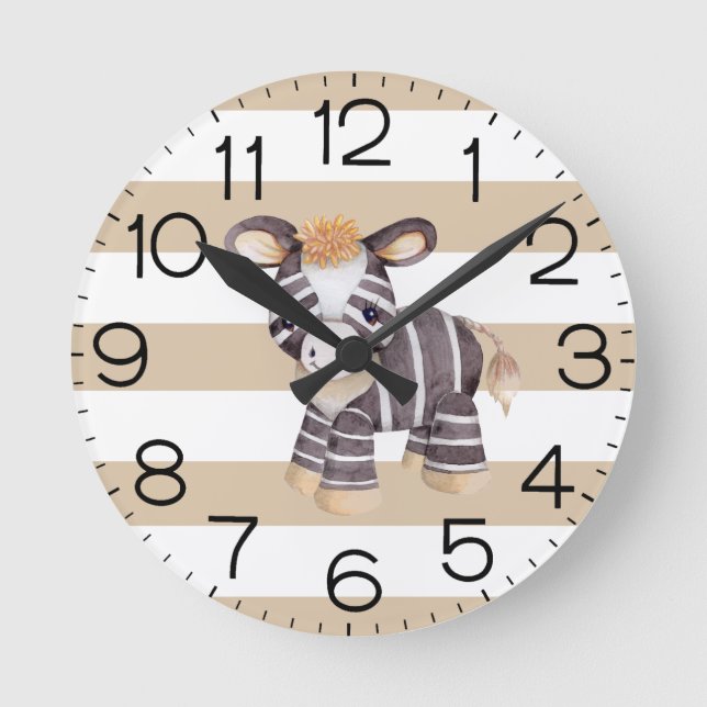 Boys Cute Boho Zebra Safari Personalised Round Clock (Front)
